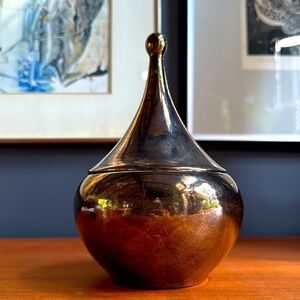 Vintage 1983 handmade porcelain trinket box tarnish gold glaze abstract shape